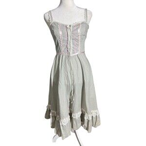 Gunne Sax Prairie Dress 1970’s Plaid Blue Sleeveless Lace Trim Floral Sz 5